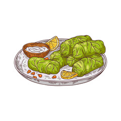 Plate of traditional turkish dish - dolmades in colored sketch style, vector illustration isolated on white background.