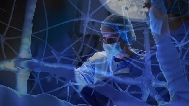 Animation of neurons over diverse doctors with face masks during surgery