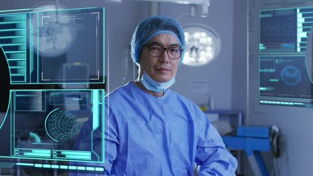 Animation of data processing over asian doctor with face mask