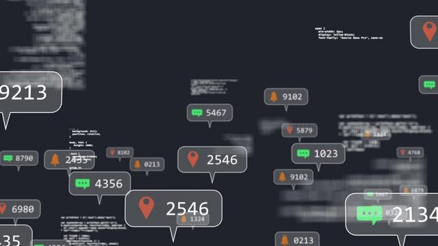 Animation of data processing and media icons on black background