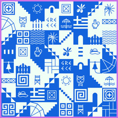Greek pattern with square tiles, set of traditional symbols of ancient Greece, antique epoch. Blue seamless background, minimalistic icons, geometric signs, simple shapes and lines. Vector, eps 10