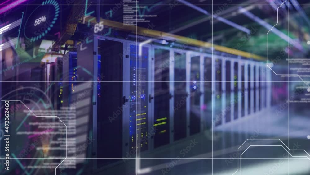Poster animation of data processing and diagrams over server room