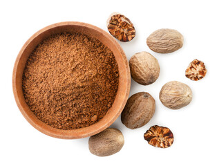 Whole and ground nutmeg in a plate on a white background, isolated. Top view - obrazy, fototapety, plakaty