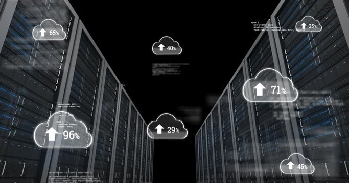 Animation of data processing and clouds with percentage over server room