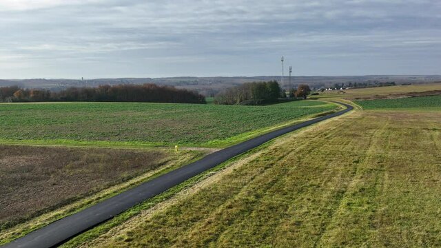 Aerial view of mobile network antennas in France countryside.