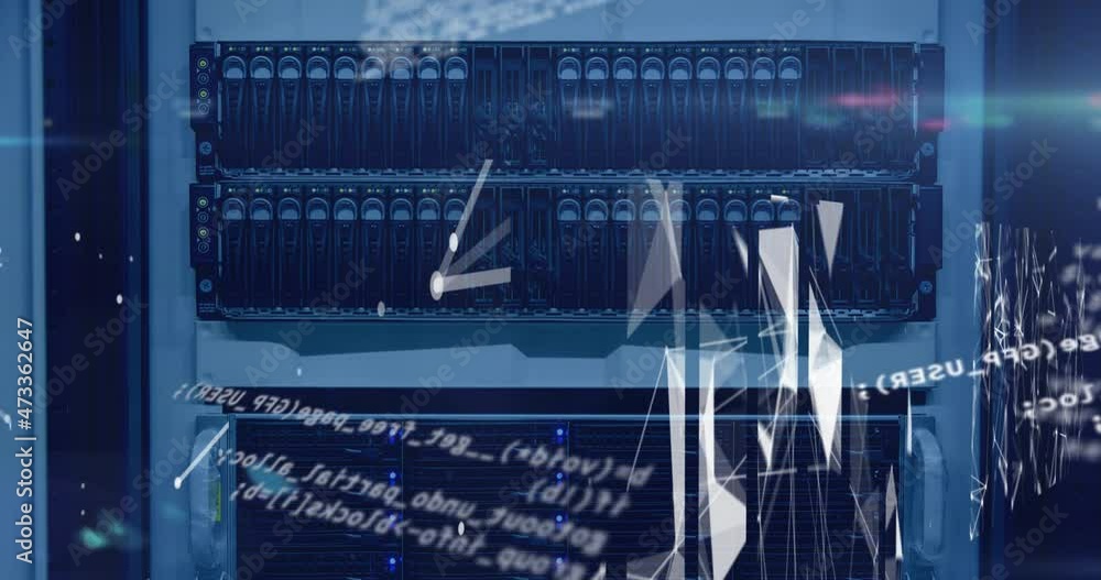 Poster animation of data processing and shapes over server room