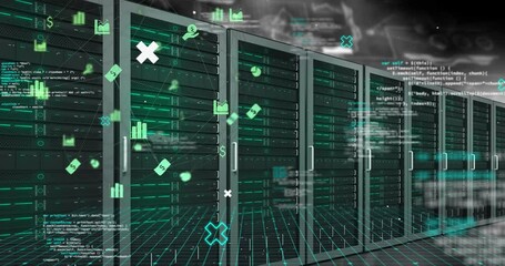 Animation of data processing and media icons over server room - Powered by Adobe