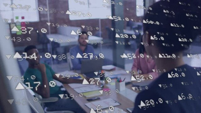 Animation of stock market over smiling diverse business people at meeting