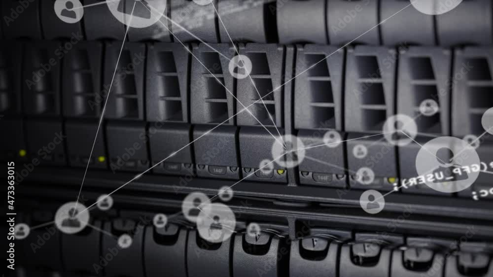 Poster animation of data processing and media icons over server room