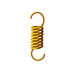 Helical extension golden spring, 3D vector model of machine detail. Tension metal spring with hooks at the ends.