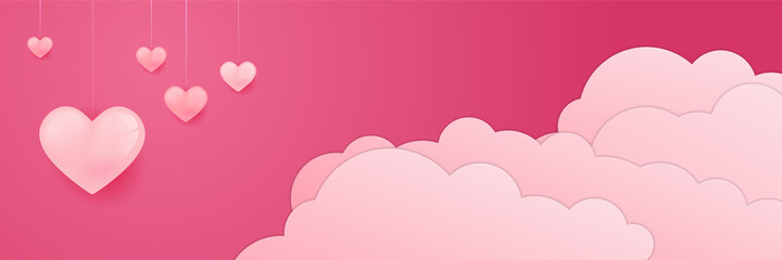 Red, pink and white hearts with golden confetti isolated on clouds background. Vector illustration. Paper cut decorations for Valentine's day design