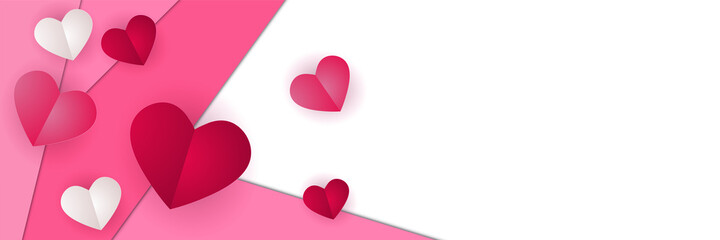 Valentine's day concept poster banner background template. Vector illustration. 3d red and pink paper hearts with frame on geometric background. Cute love sale banners or greeting cards