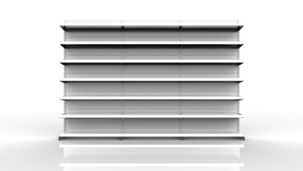Set of white empty store shelves. Retail white shelf rack. Showcase display. Mockup template ready for your design. 3D rendering illustration. Isolated on white background. Gondola style.	