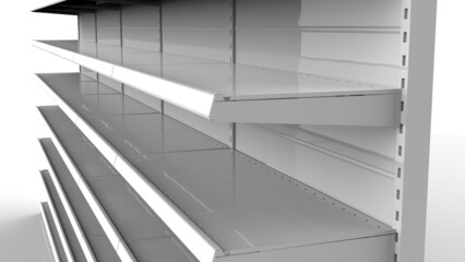 Set of white empty store shelves. Retail shelf rack. Showcase display. Mockup template ready for your design. 3D rendering illustration. Isolated on white background. Gondola style.