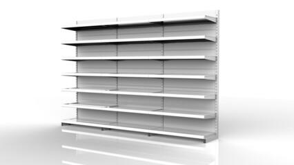 Set of white empty store shelves. Retail white shelf rack. Showcase display. Mockup template ready for your design. 3D rendering illustration. Isolated on white background. Gondola style.	 - obrazy, fototapety, plakaty