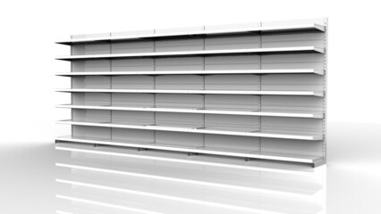 Set of white empty store shelves. Retail white shelf rack. Showcase display. Mockup template ready for your design. 3D rendering illustration. Isolated on white background. Gondola style.  © Antro_Nero