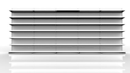 Set of white empty store shelves. Retail white shelf rack. Showcase display. Mockup template ready for your design. 3D rendering illustration. Isolated on white background. Gondola style.  © Antro_Nero