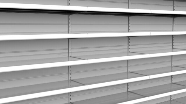 Set of white empty store shelves. Retail white shelf rack. Showcase display. Mockup template ready for your design. 3D rendering illustration. Isolated on white background. Gondola style.	
