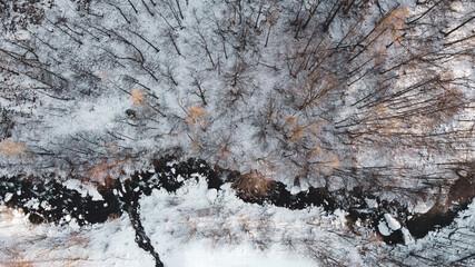 Aerial high angle view of mountain river and trees under the snow. Winter landscape, bird's eye view. Abstract natural background.