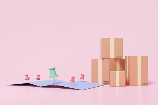 3D pin pointer mark location and office shipping on pink background delivery parcels box concept. service express trunking. 3d render illustration