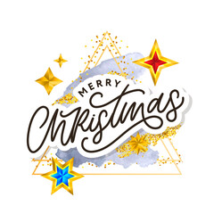 Merry Christmas text decorated with hand drawn lettering with gold stars. Greeting card design element. Vector typography.