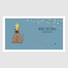 Merry Christmas greeting card with naughty cat