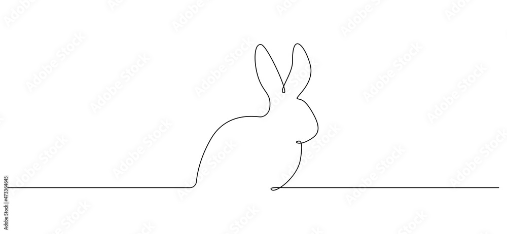 Poster continuous one line drawing of easter bunny. fuffy rabbit silhouette with ears in simple linear styl