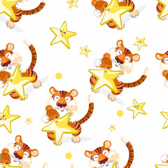 Seamless pattern with a cute tiger cub with a star, a symbol of the new 2022. Vector illustration for postcard, banner, textile.