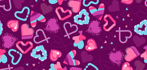 Valentine Day seamless pattern with various hearts. Romantic background.
