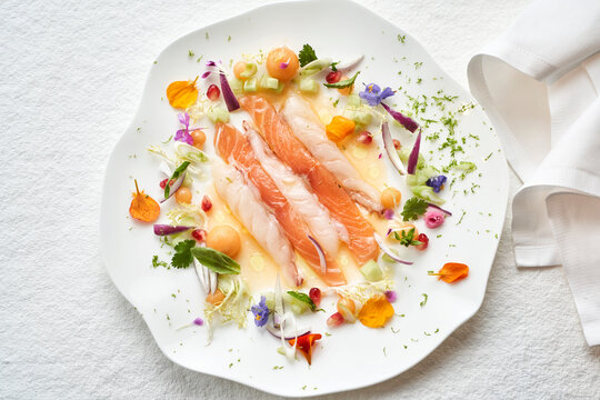 Prawn and salmon ceviche with melon