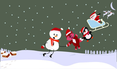 santa, snowman, fox and penguin wishes everyone a happy new year. greeting card, poster, illustration, vector, gift, decoration