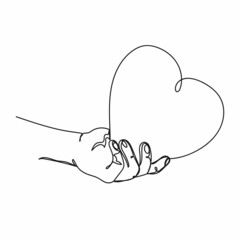 Vector abstract continuous one single simple line drawing icon of hand holding symbol heart in silhouette sketch.