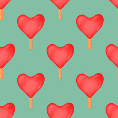Fototapeta na wymiar Seamless pattern with watercolor red hearts ice creams