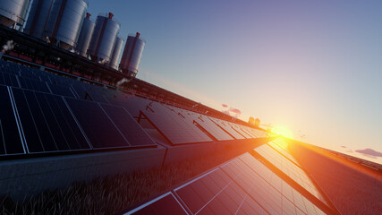 Tilted View of a Sunset Through the Solar Panels 3D Rendering