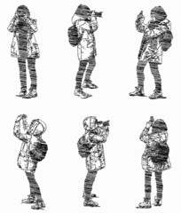 Vector scribble drawings of silhouettes girl photographer taking pictures on camera and smartphone