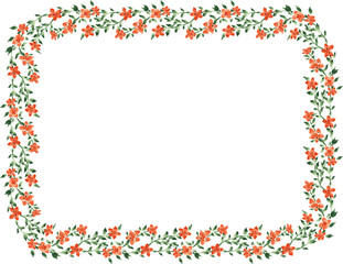 Watercolor vector drawing of decorative frame from abstract blooming twigs with red flowers and green leaves