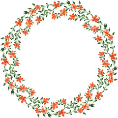 Watercolor vector drawing of decorative wreath from abstract blooming twigs with red flowers and green leaves
