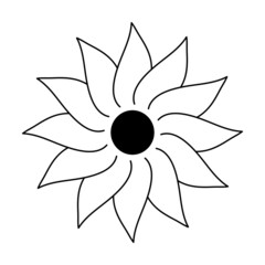 flower icon black line isolated on white background, petals of sharp shape, circular ornament, mandala, childrens drawing style, flat vector graphics