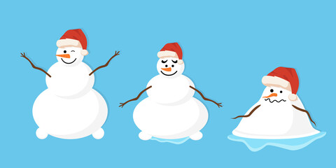 Beautiful christmas snowmen flat vector illustrations set. Winter outdoor activity for kids isolated cliparts pack. Funny snow man wearing hat collection on blue background