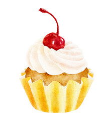 Watercolor delicious cupcake with cherry isolated on white background.