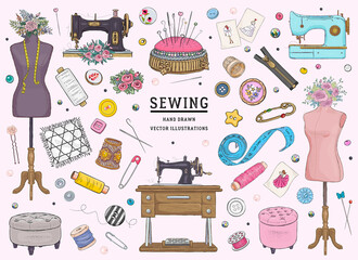Vector hand drawn sewing retro set. Collection of highly detailed hand drawn sewing tools isolated on background - obrazy, fototapety, plakaty