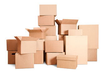 many cardboard boxes on isolated white background
