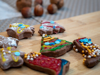 Various Christmas cookies on a Christmas background.