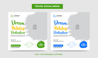 Fototapeta premium Travel and vacation square social media banner post template with brushstroke. Travel agency ads banner. Modern travel social media