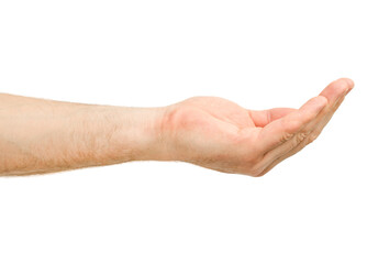 male hand holding something in the palm on white isolated background