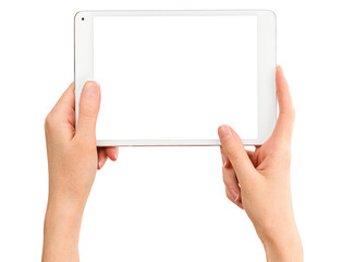 female hands holding tablet computer on isolated white background
