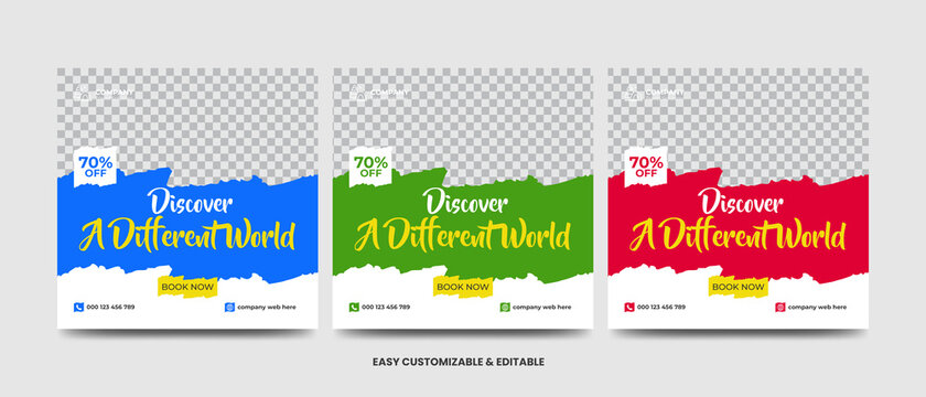 Travel and vacation square social media banner post template with brushstroke. Travel agency ads banner. Modern travel social media