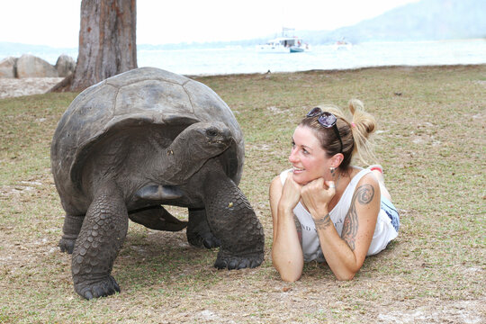 A woman lying beside an Aldabra Tortoise on an island in Seychelles