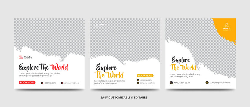 Travel and vacation square social media banner post-template set with brushstroke. Travel agency ads banner. Modern travel social media
