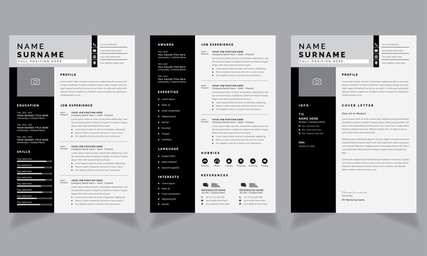 Professional Resume Layout with Black Sidebar and Cover Latter